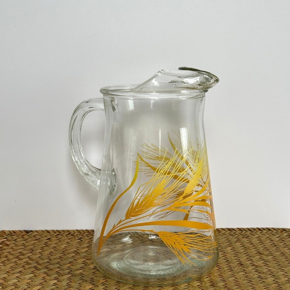 Vintage Mid Century Glass Juice Pitcher‎ Yellow Golden Wheat Pattern Ice Lip